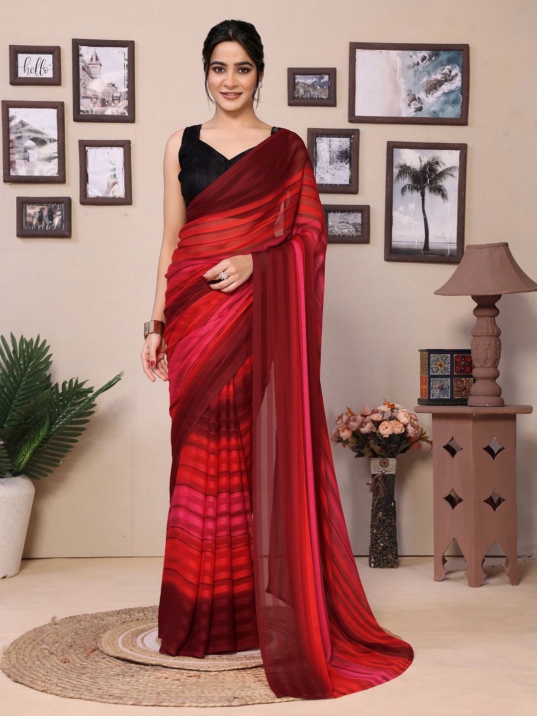 

Ekta Textiles Striped Satin Ready to Wear Saree, Red