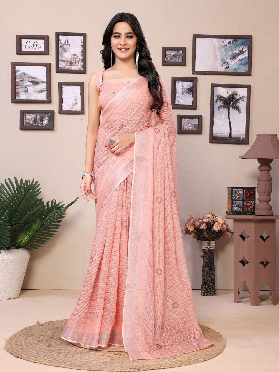 

Ekta Textiles Printed Cotton Ready to Wear Saree, Peach