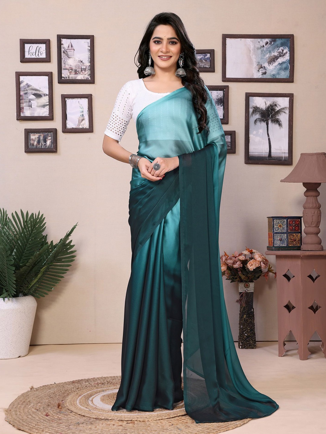 

Ekta Textiles Ombre Satin Ready to Wear Saree, Turquoise blue