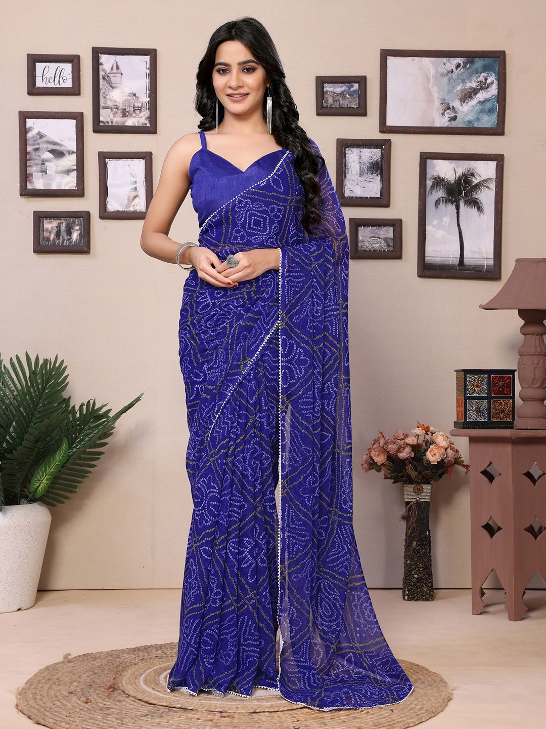 

Ekta Textiles Bandhani Printed Pure Georgette Ready to Wear Bandhani Saree, Blue