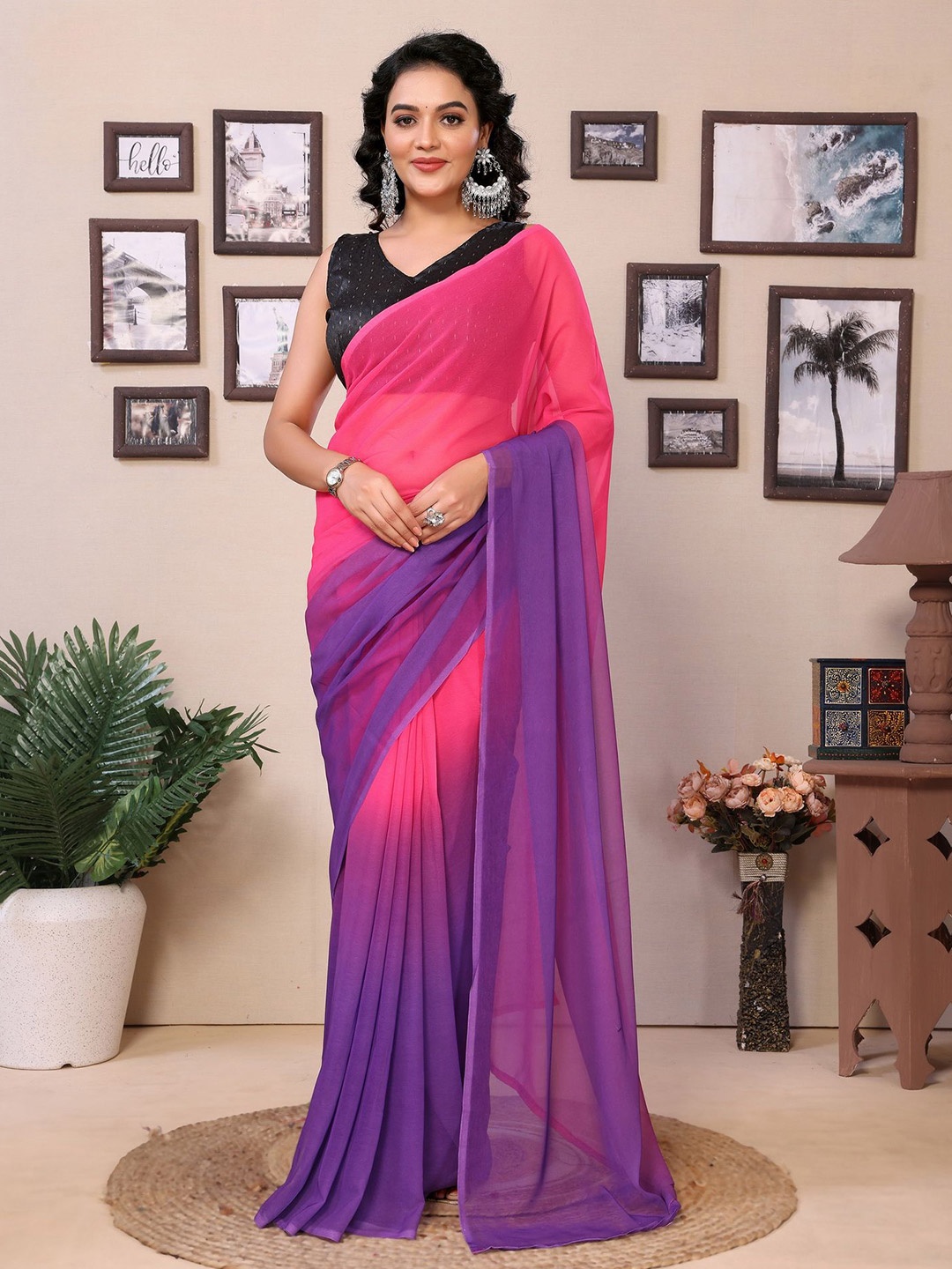 

Ekta Textiles Ombre Pure Georgette Ready to Wear Saree, Pink
