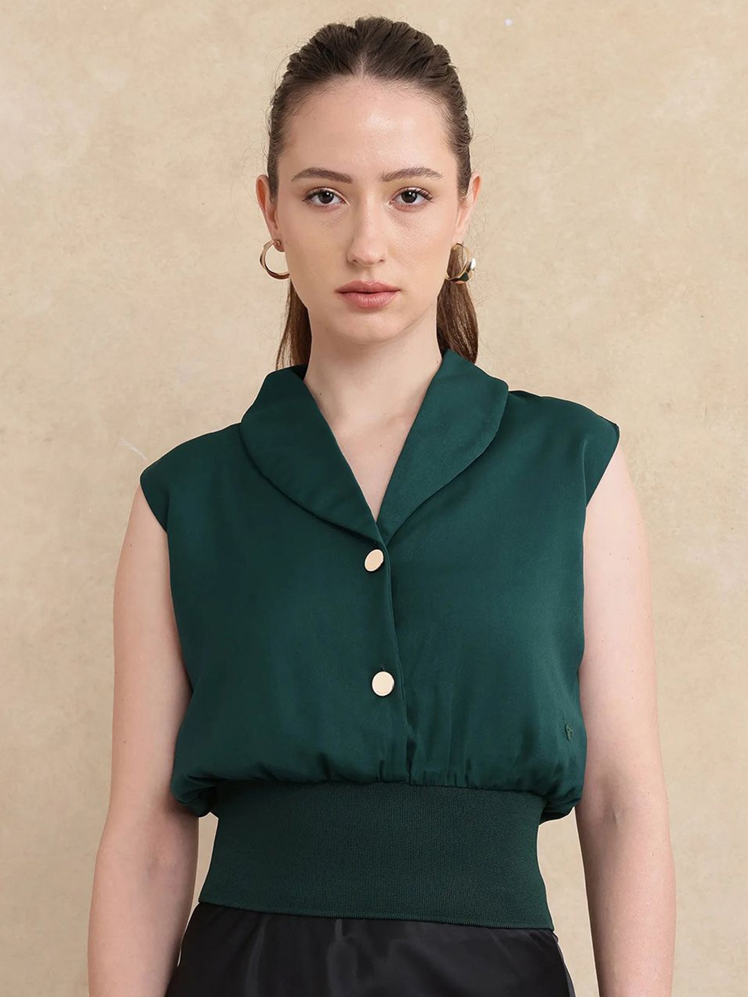 

RAREISM Women Lapel Collar Satin Top, Green