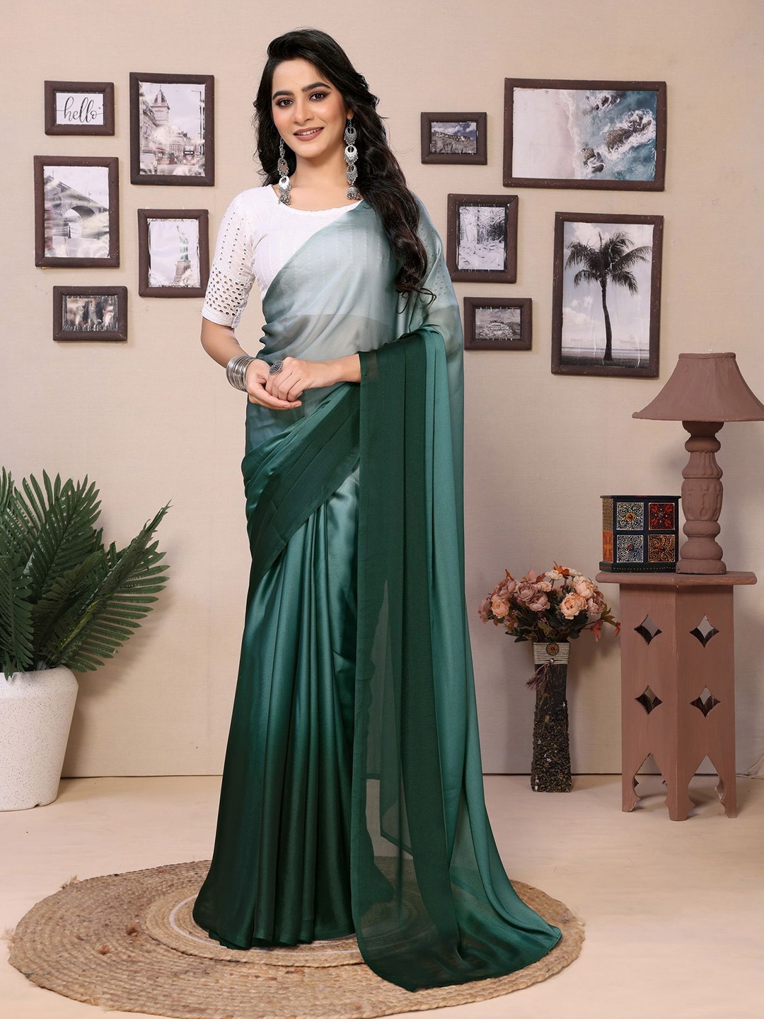

Ekta Textiles Ombre Satin Ready to Wear Saree, Green