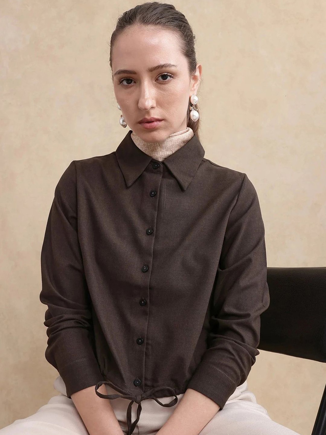 

RAREISM Women Shirt Collar Shirt Style Tops, Brown