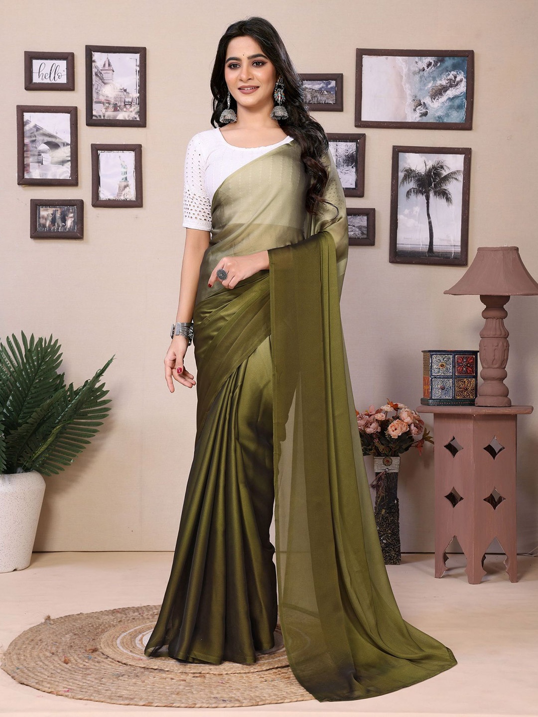 

Ekta Textiles Ombre Satin Ready to Wear Saree, Green