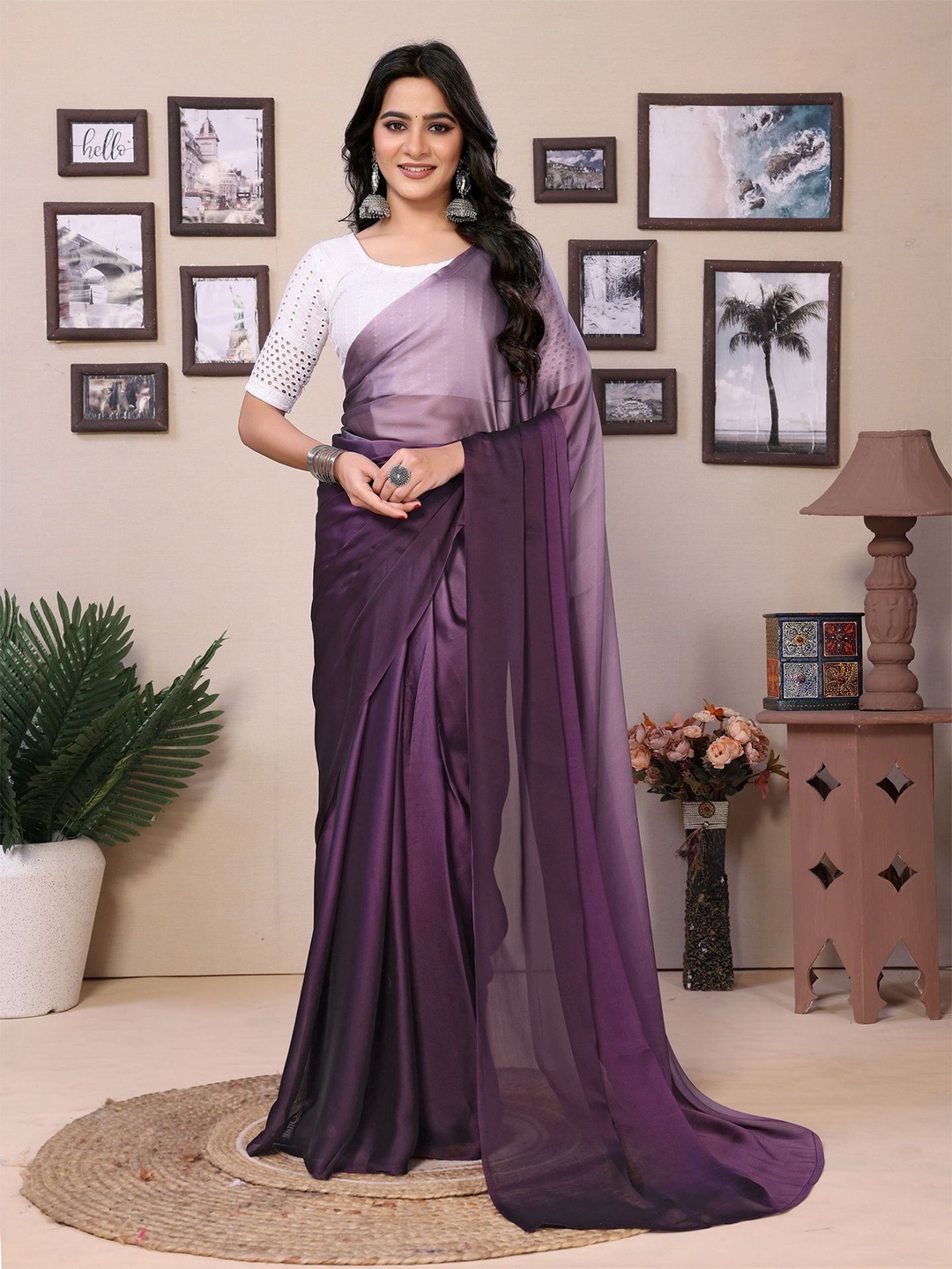 

Ekta Textiles Ombre Satin Ready to Wear Saree, Purple