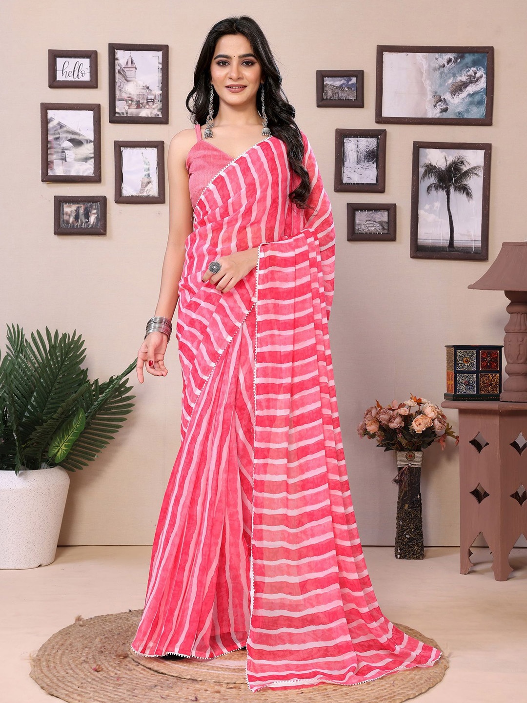 

Ekta Textiles Striped Pure Georgette Ready to Wear Saree, Coral