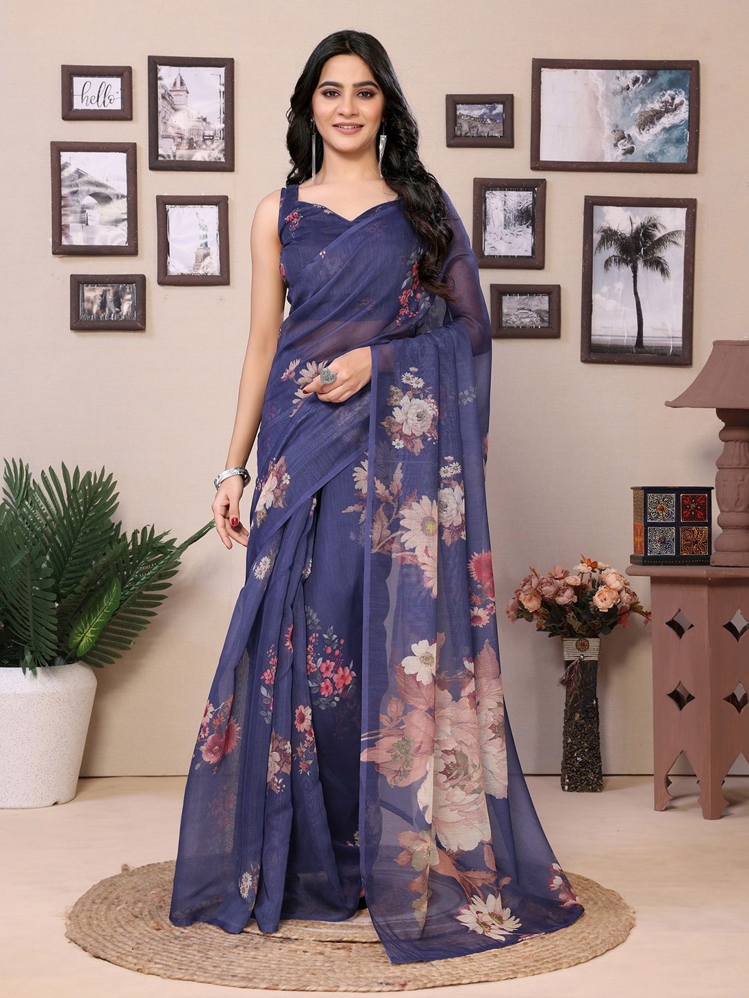 

Ekta Textiles Floral Printed Pure Cotton Ready to Wear Saree, Navy blue