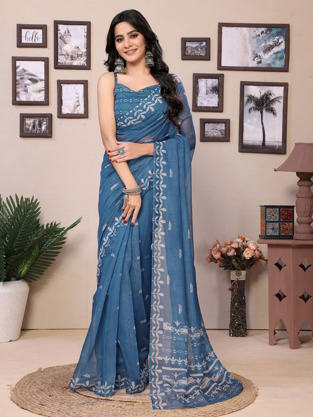 

Ekta Textiles Ethnic Motifs Printed Pure Cotton Ready to Wear Saree, Blue