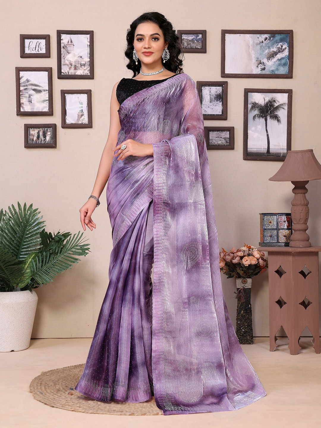

Ekta Textiles Embellished Beads and Stones Satin Ready to Wear Saree, Lavender