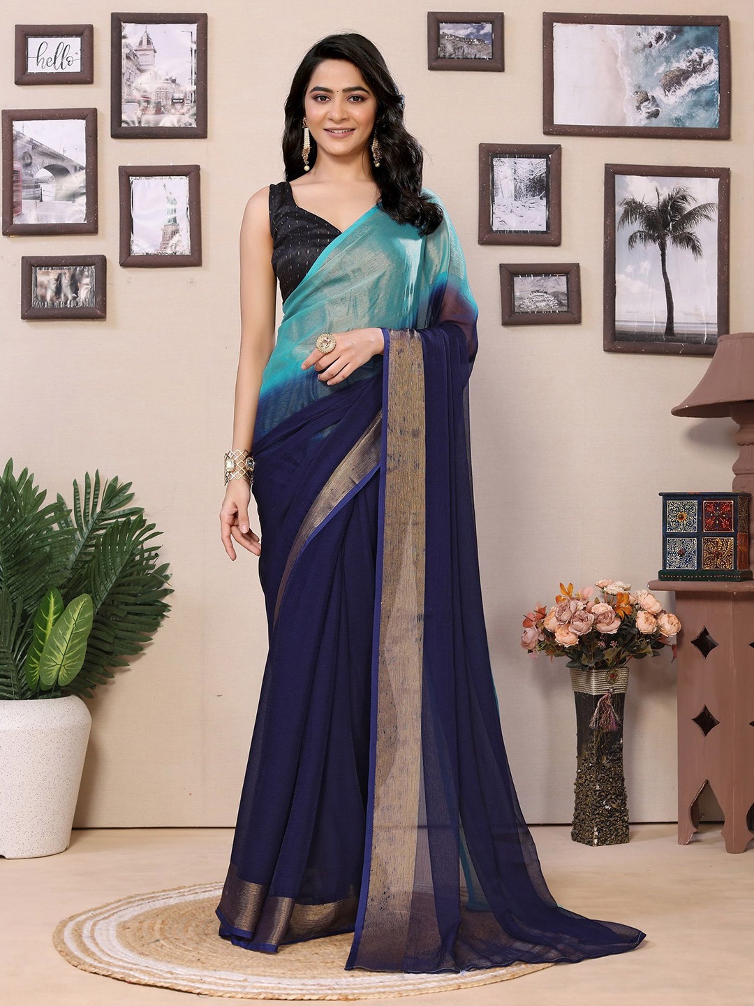 

Ekta Textiles Ombre Pure Chiffon Ready to Wear Saree, Turquoise blue