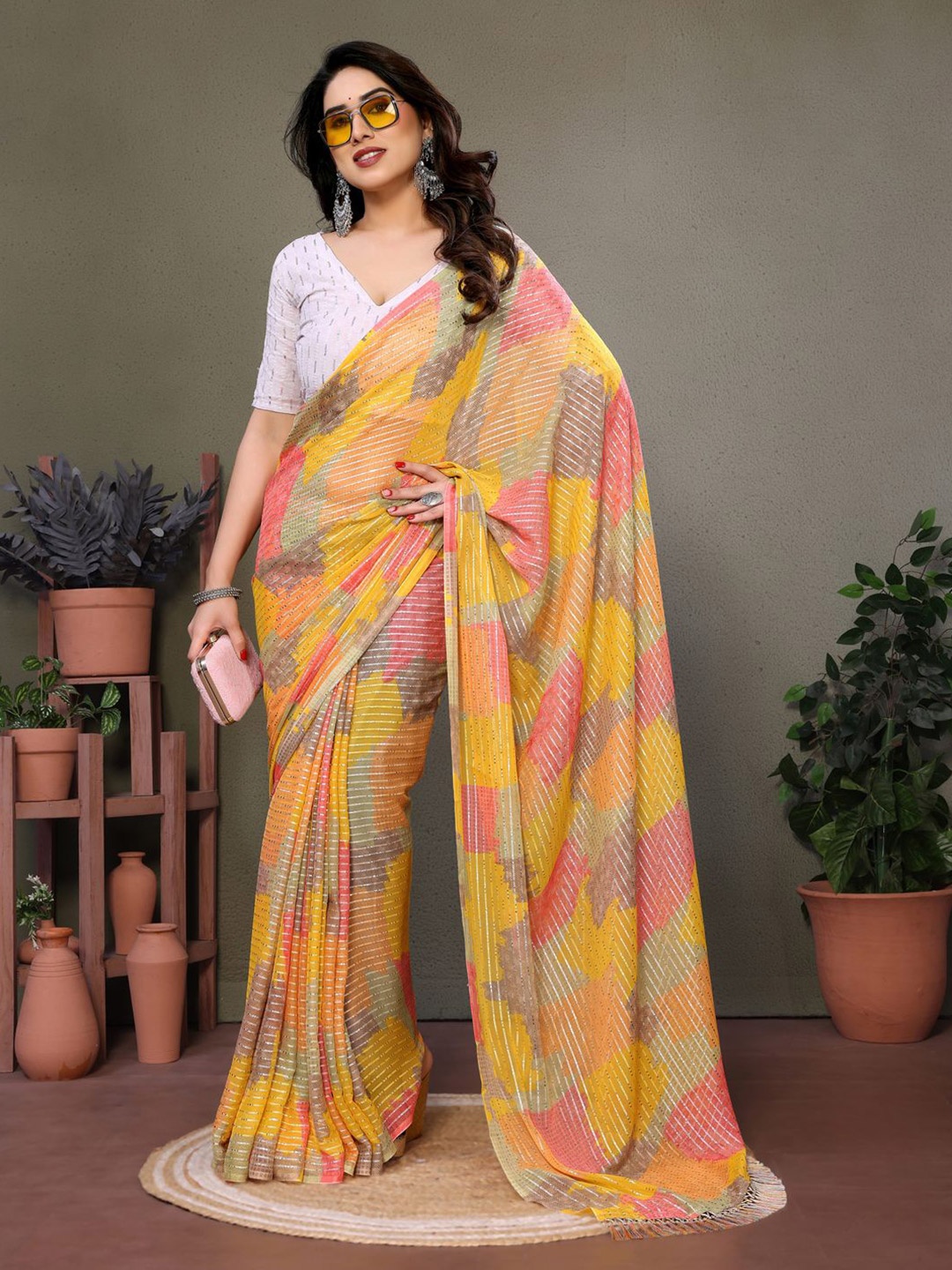 

KALINI Striped Pure Georgette Saree, Mustard