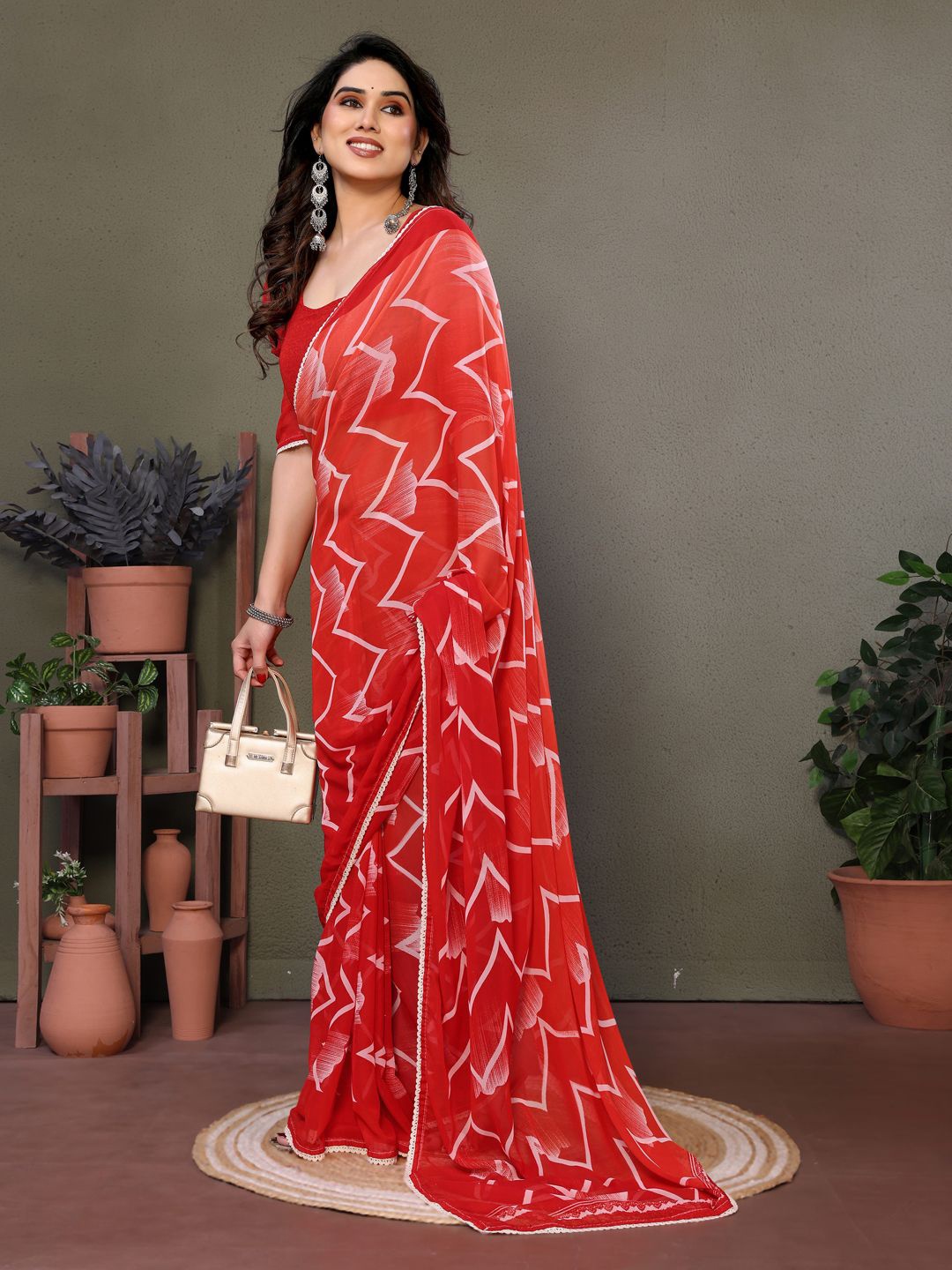 

KALINI Printed Pure Georgette Saree, Red