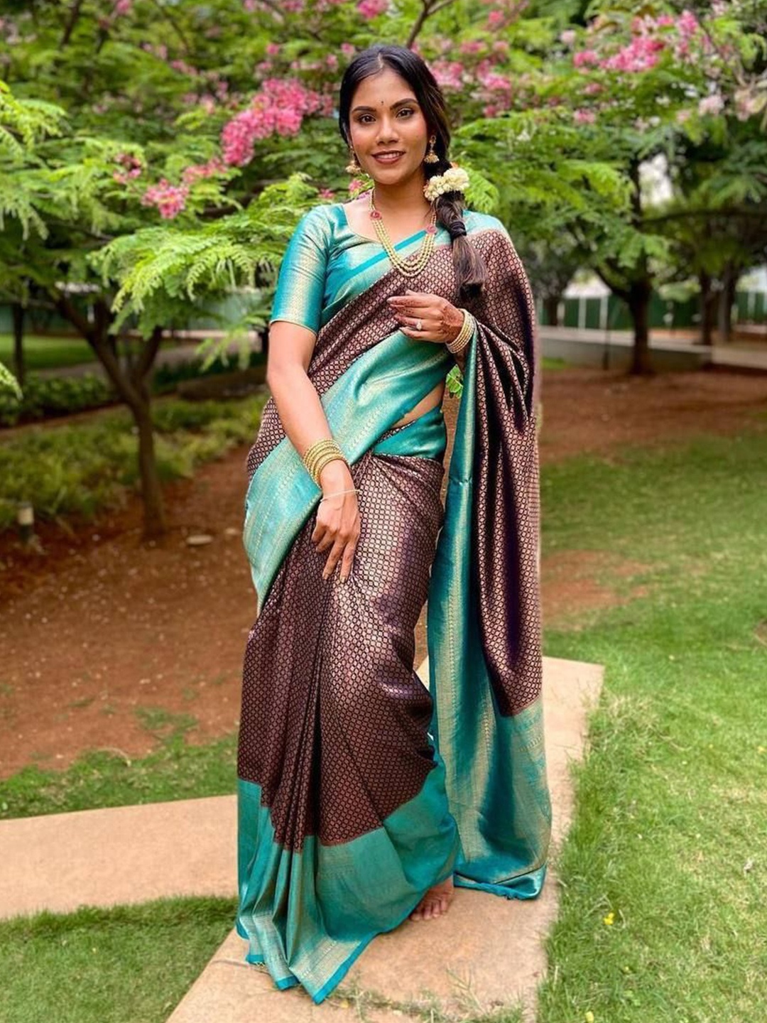 

choiceit Woven Design Zari Kanjeevaram Saree, Turquoise blue