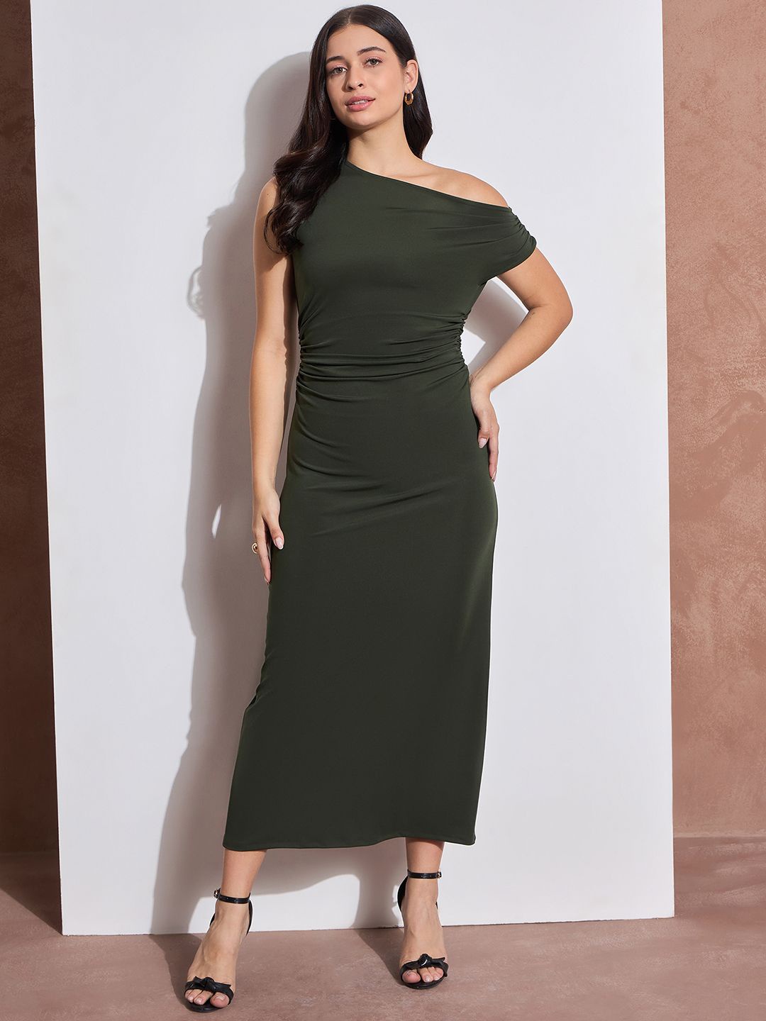 

DRAPE AND DAZZLE Women One Shoulder Bodycon Dress, Olive