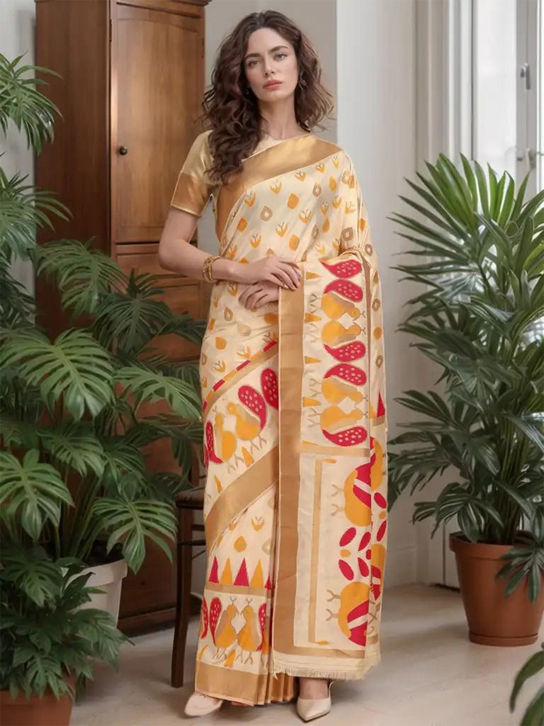 

NK Textiles Ethnic Motifs Woven Design Zari Saree, Beige