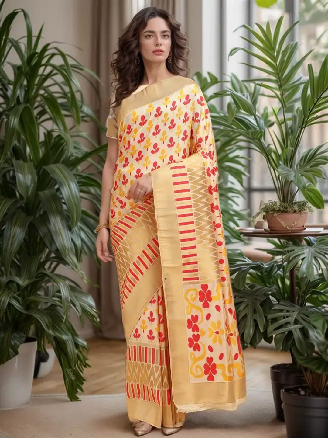 

NK Textiles Ethnic Motifs Woven Design Zari Saree, Yellow