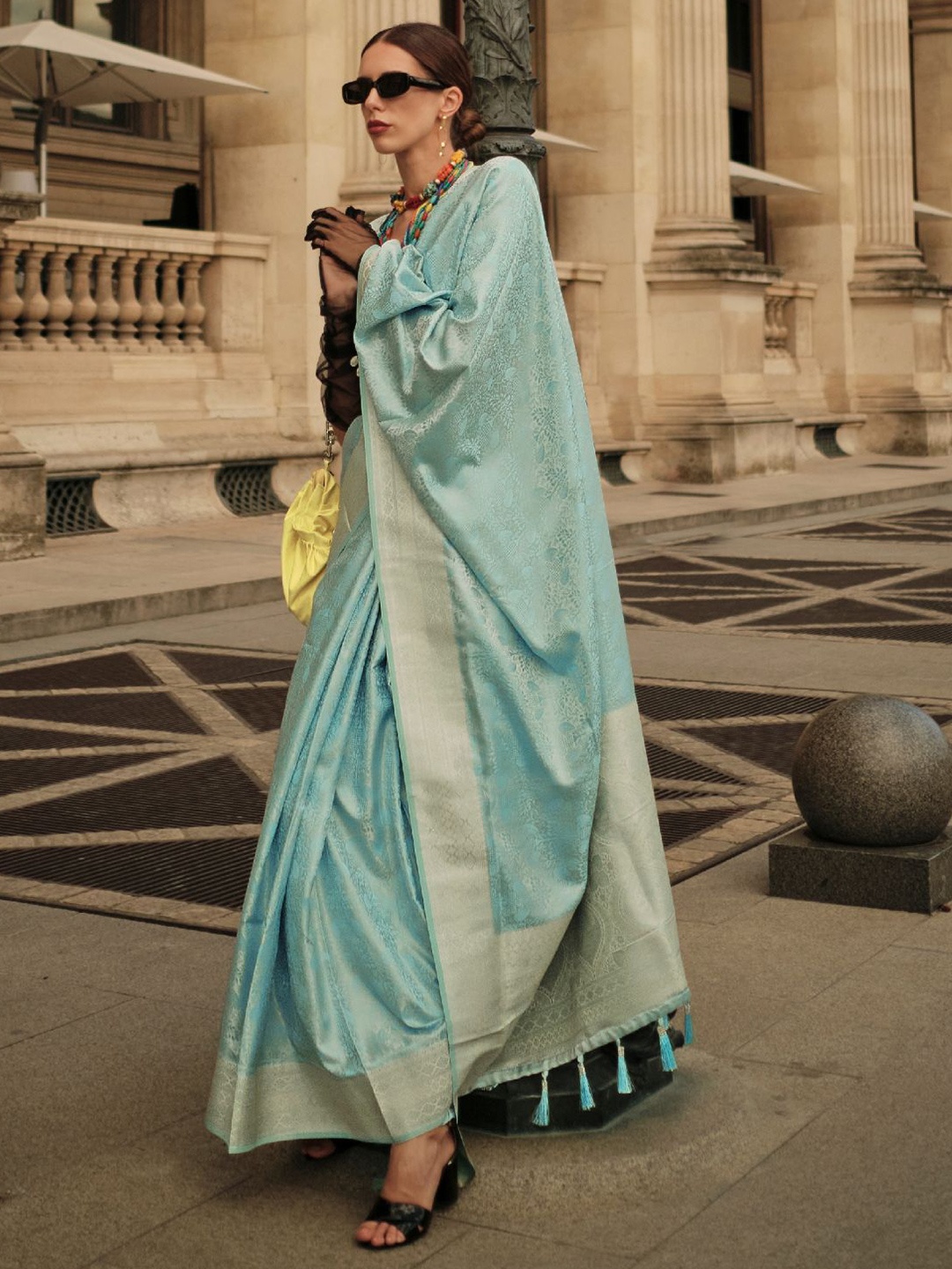 

ODETTE Blue Silk Blend Woven Saree With Unstitched Blouse For Women