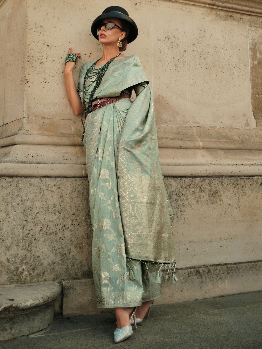 

ODETTE Sea Green Silk Blend Woven Saree With Unstitched Blouse For Women