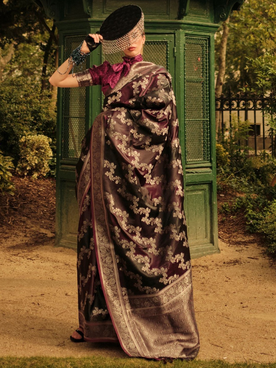 

ODETTE Wine Silk Blend Woven Saree With Unstitched Blouse For Women, Maroon