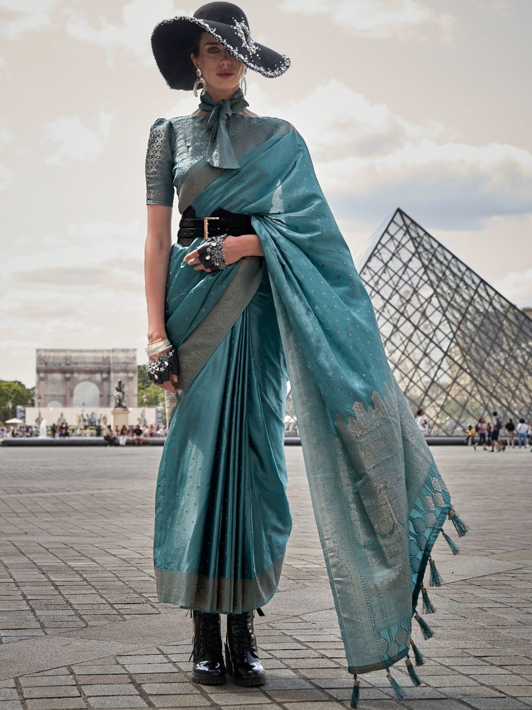 

ODETTE Blue Silk Blend Woven Saree With Unstitched Blouse For Women