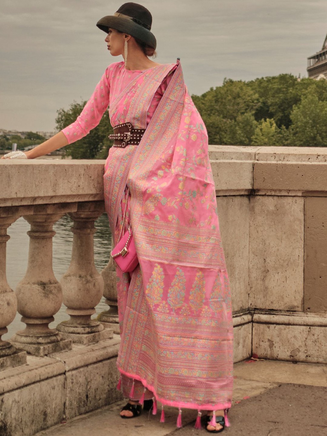 

ODETTE Pink Silk Blend Woven Saree With Unstitched Blouse For Women