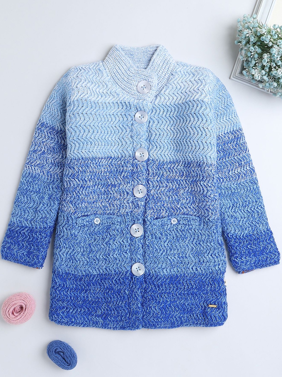 

Yellow Apple Girls Colourblocked Woollen Cardigan, Blue