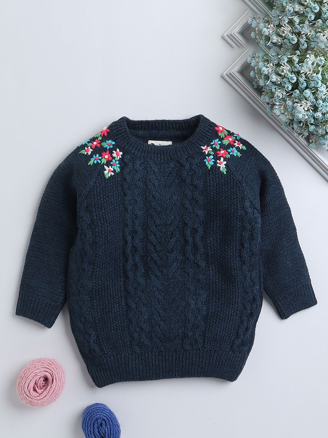 

Yellow Apple Girls Cable Knit Woollen Cardigan with Embroidered Detail, Navy blue