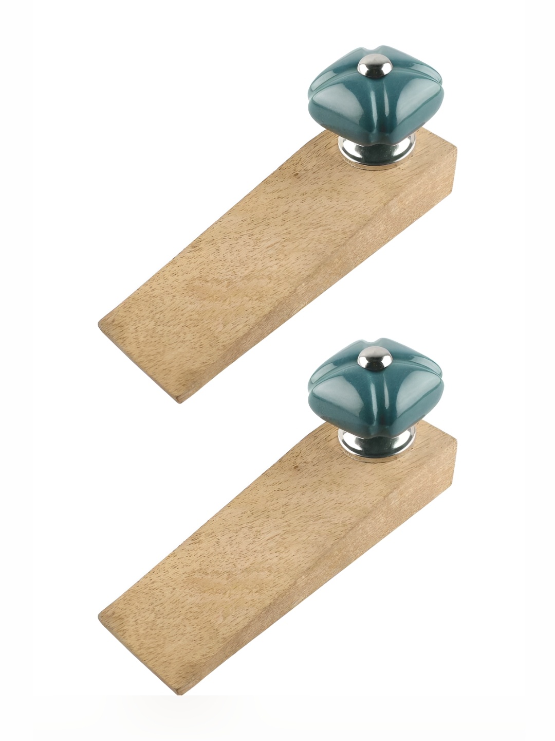 Indianshelf Brown and Teal 2 Pieces Floral Textured Wooden Door Stoppers