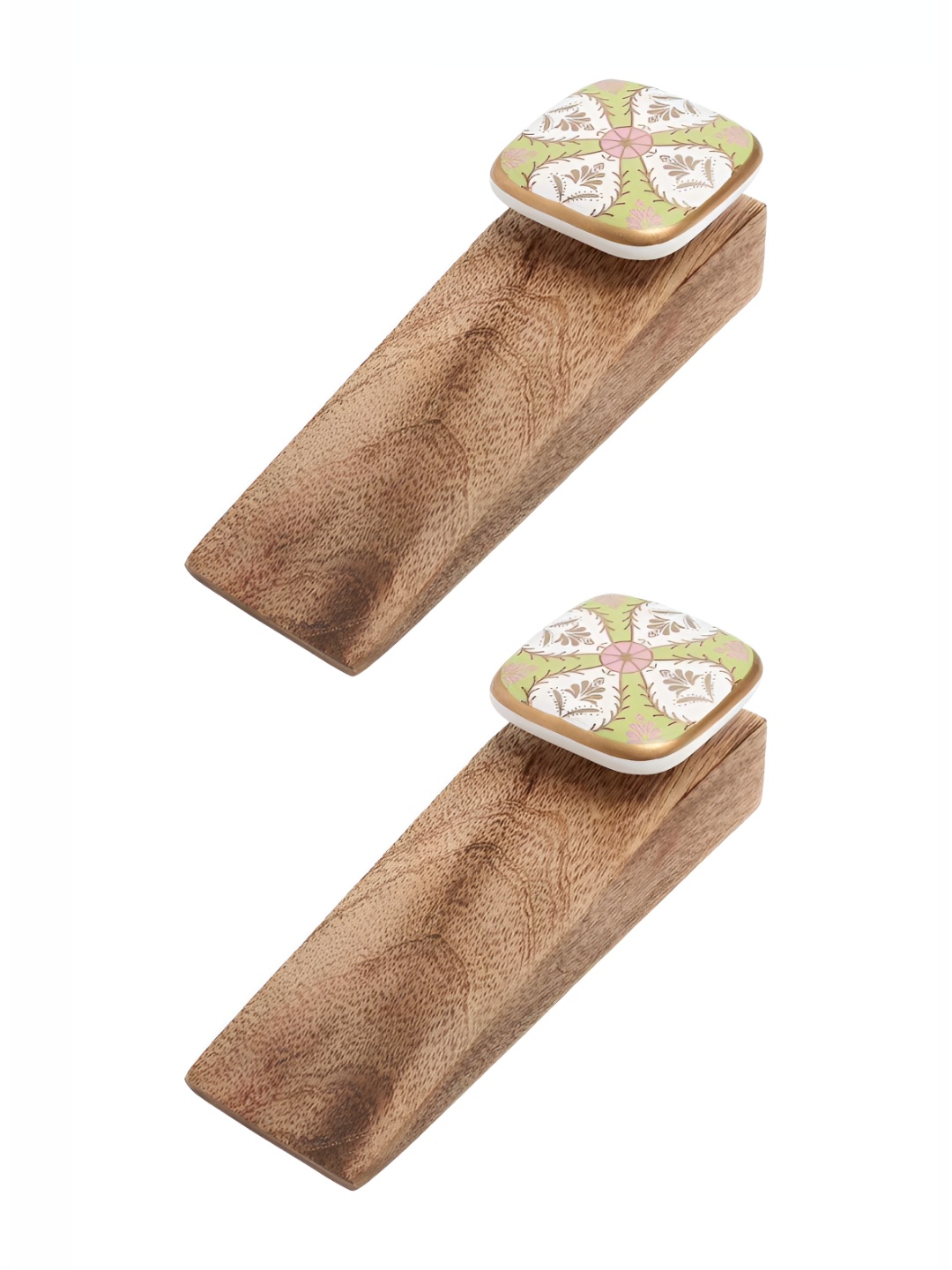 Indianshelf Brown & White 2 Pieces Leaf Printed Wooden Cute Door Stoppers