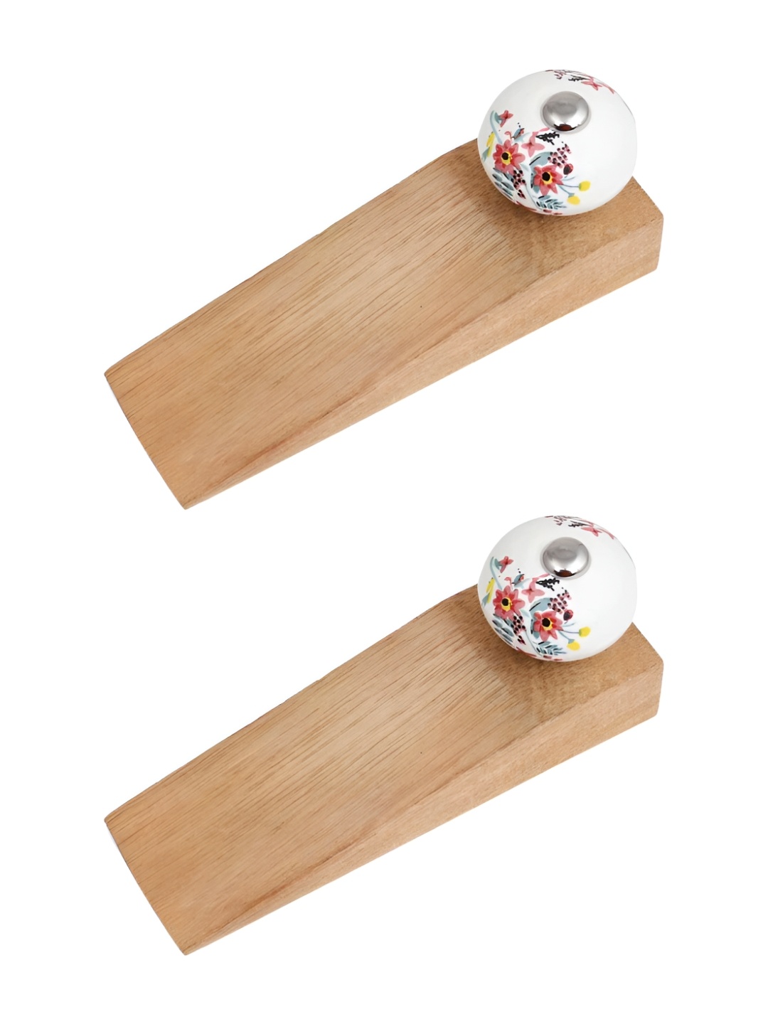 Indianshelf Brown & White 2 Pieces Floral Wooden Door Stopper