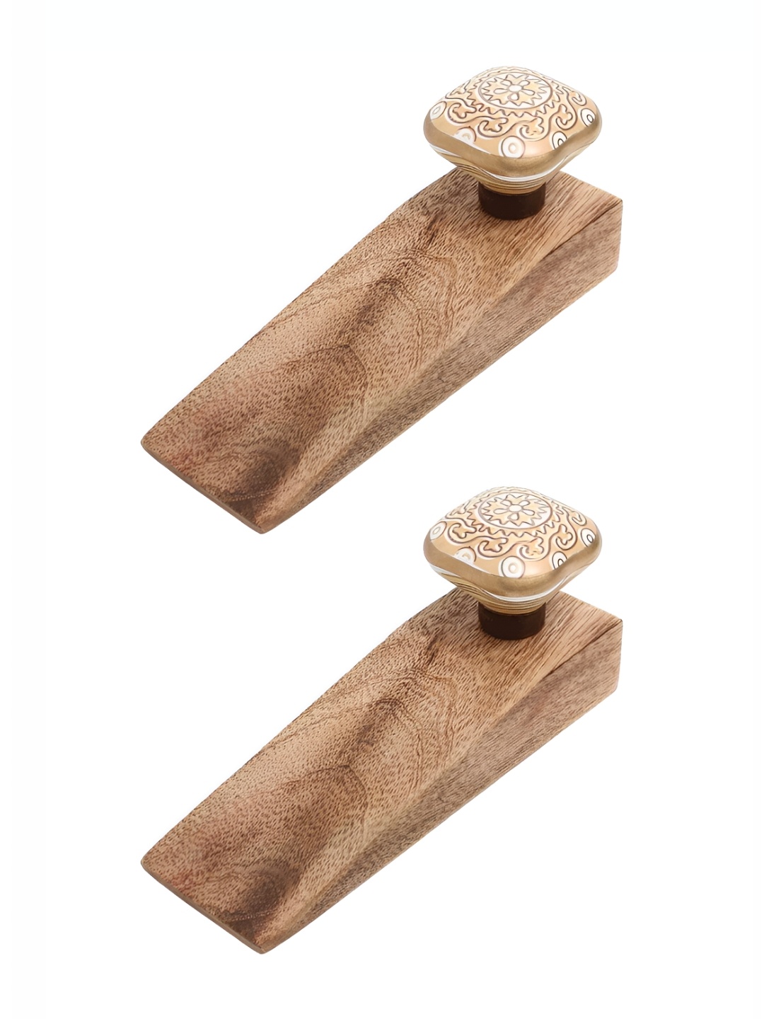 Indianshelf Brown 2 Pieces Printed Ceramic Wooden Decorative Door Stops