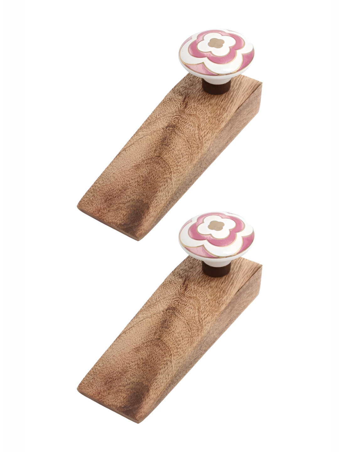 Indianshelf Brown & White 2 Pieces Floral Printed Ceramic Wood Door Stopper
