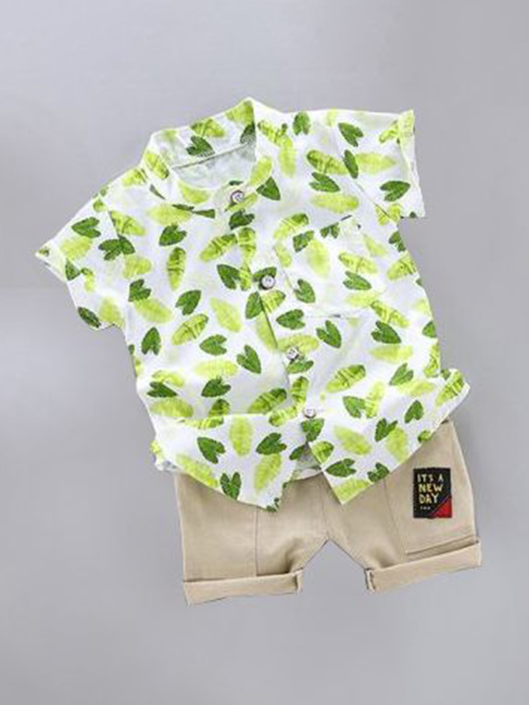 

DANGAR Unisex Kids Printed Mandarin Collar Shirt with Shorts, Green