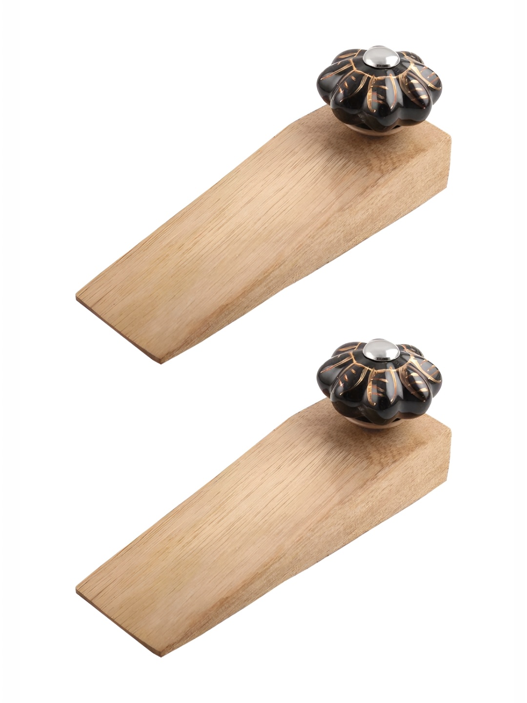 Indianshelf 2 Piece Wood Leaf Melon Outdoor Door Stopper (Black), Brown