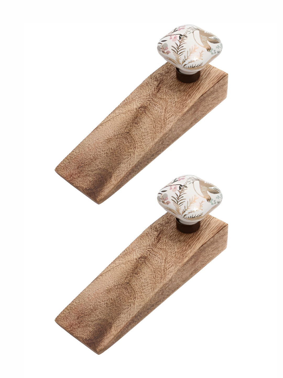 Indianshelf Brown & White 2 Pieces Printed Ceramic Wooden Door Stoppers