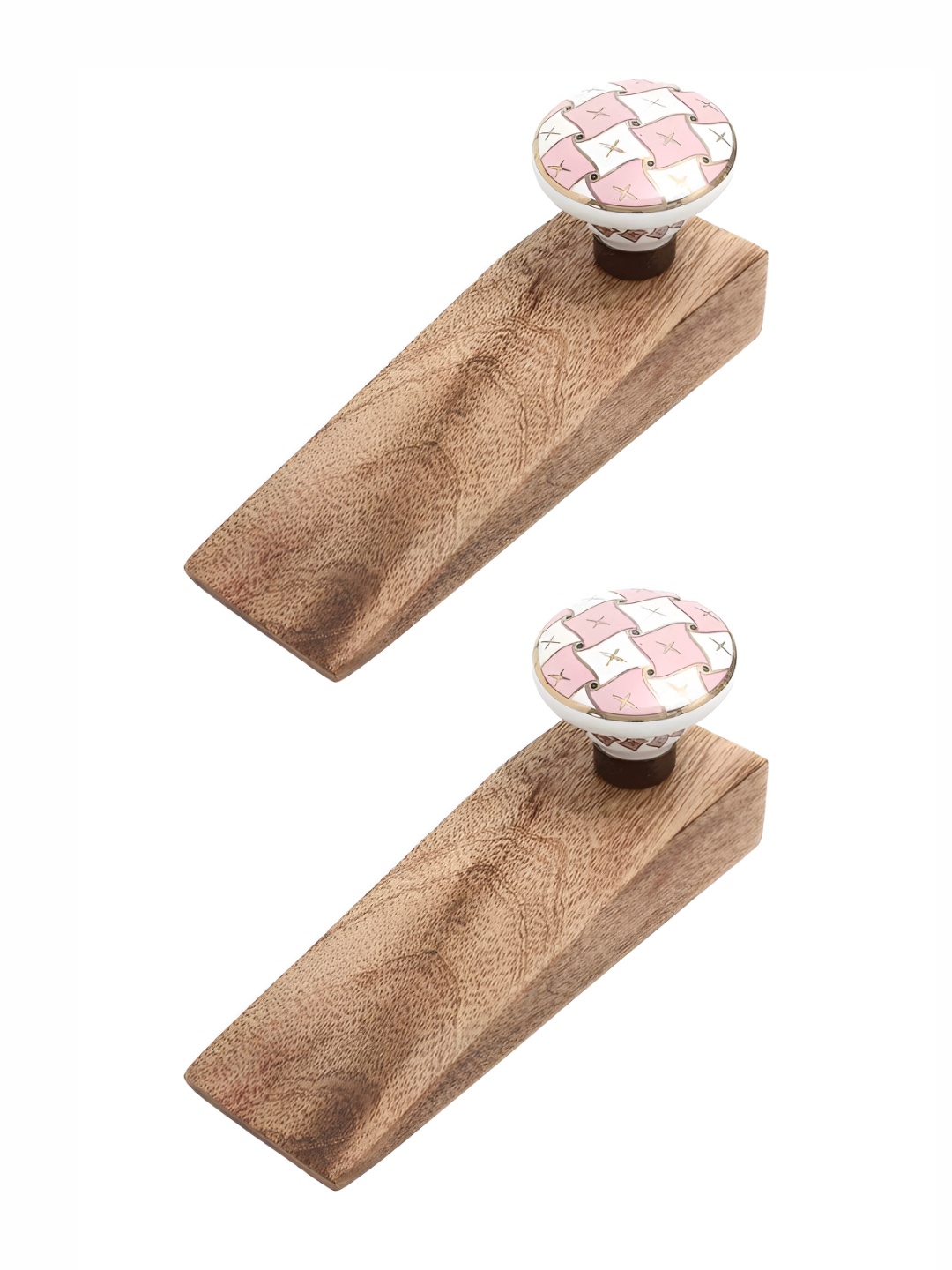 Indianshelf Brown & White 2 Pieces Abstract Printed Ceramic Wooden Door Stoppers