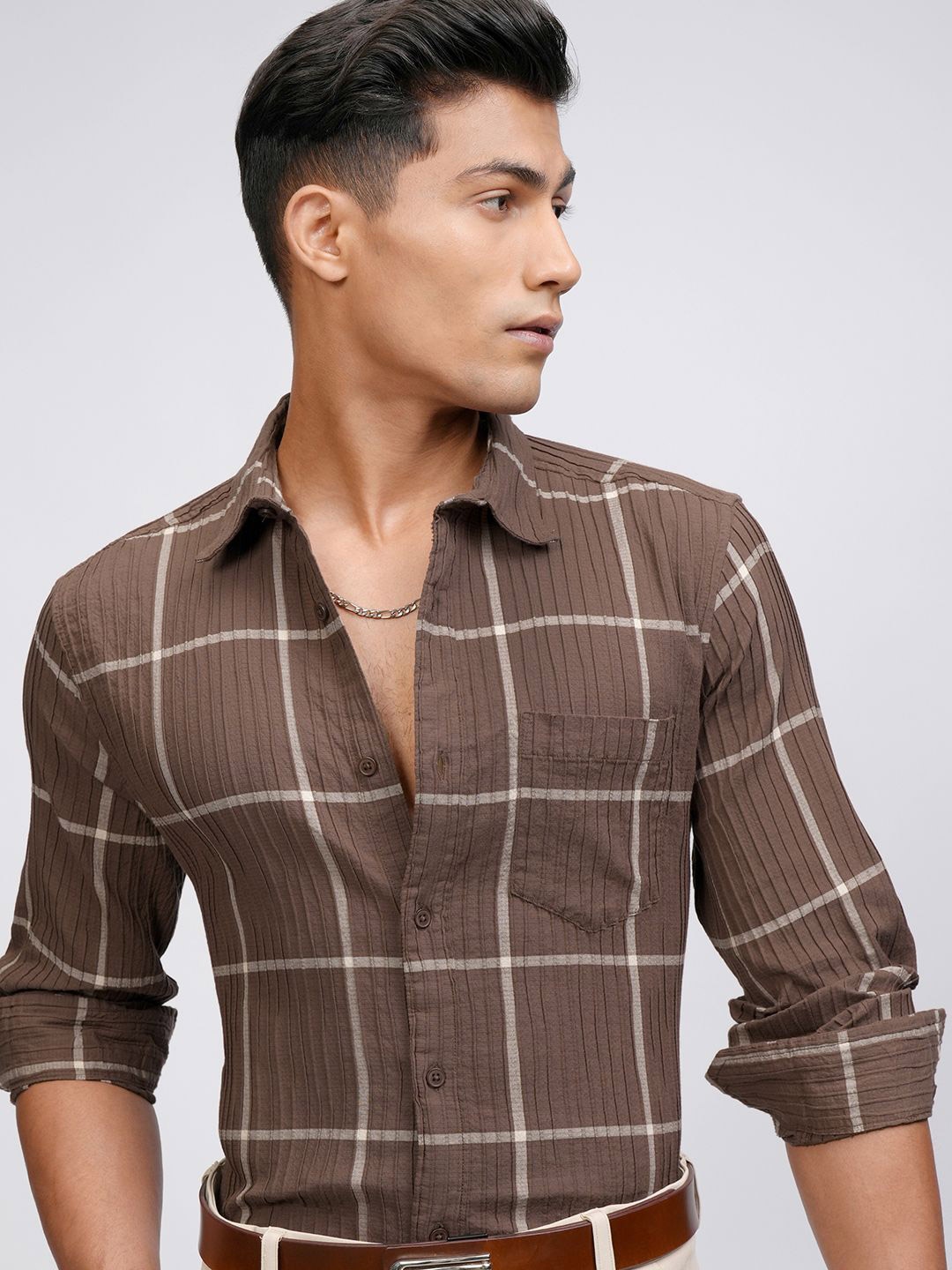 

HIGHLANDER Men Checked Slim Fit Casual shirt, Brown
