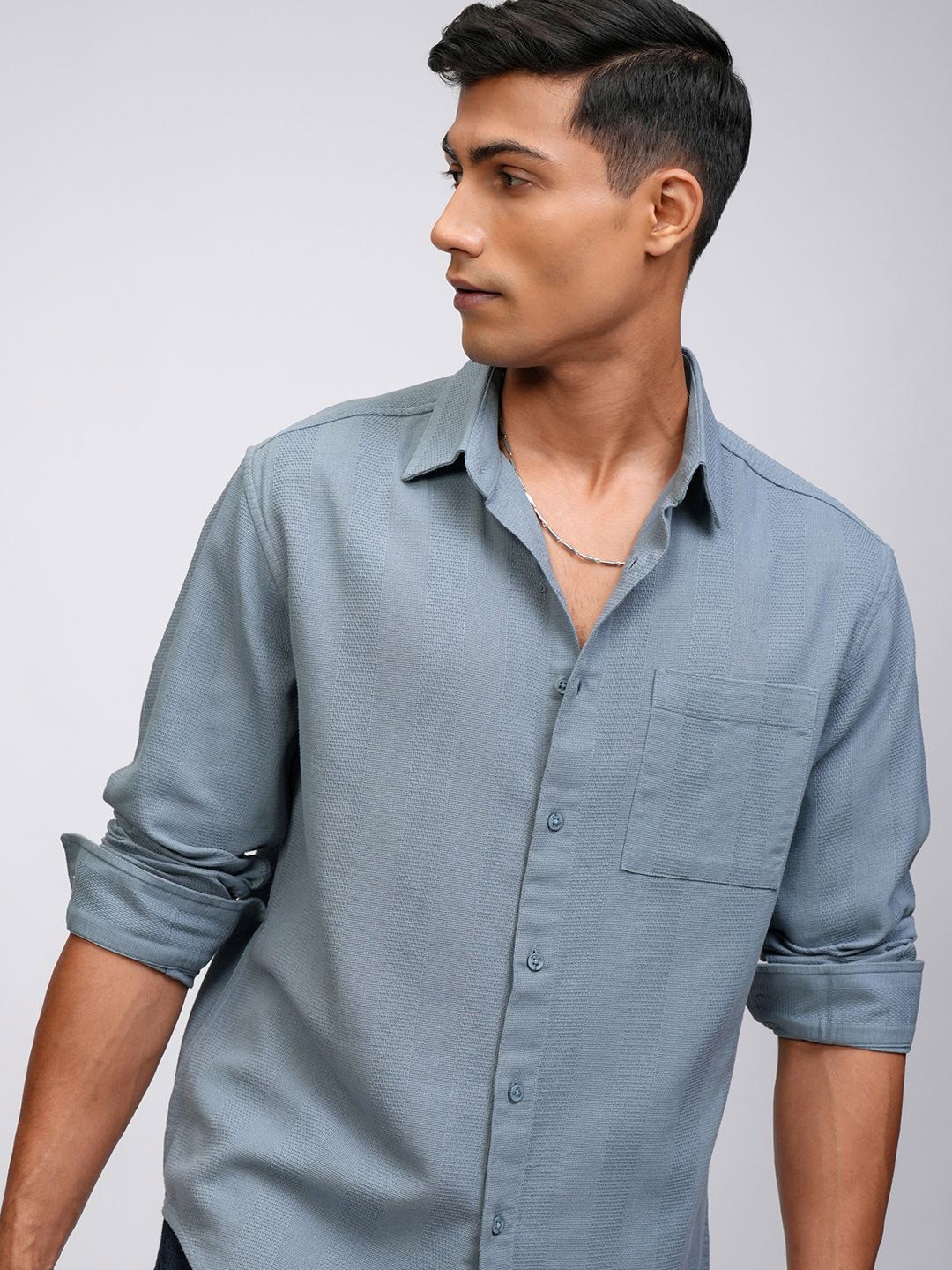 

HIGHLANDER Men Spread Collar Solid Cotton Casual Shirt, Blue