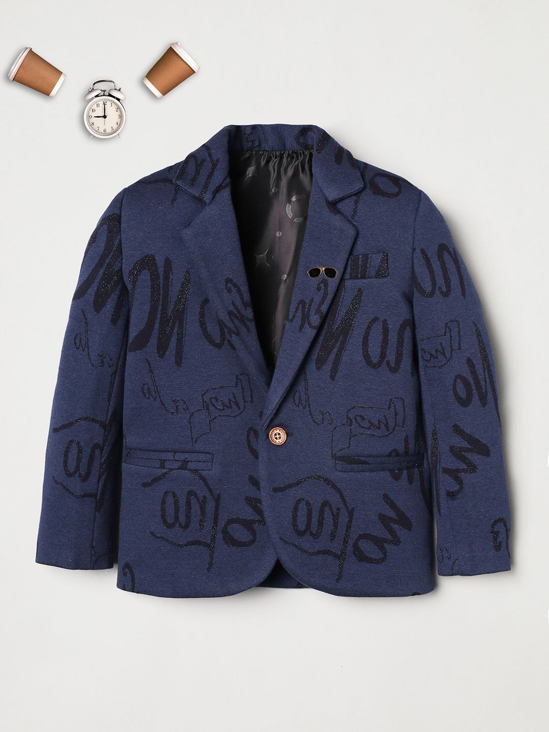 

Ridokidz Boys Printed Tailored Fit Notched Lapel Collar Single Breasted Blazer, Blue