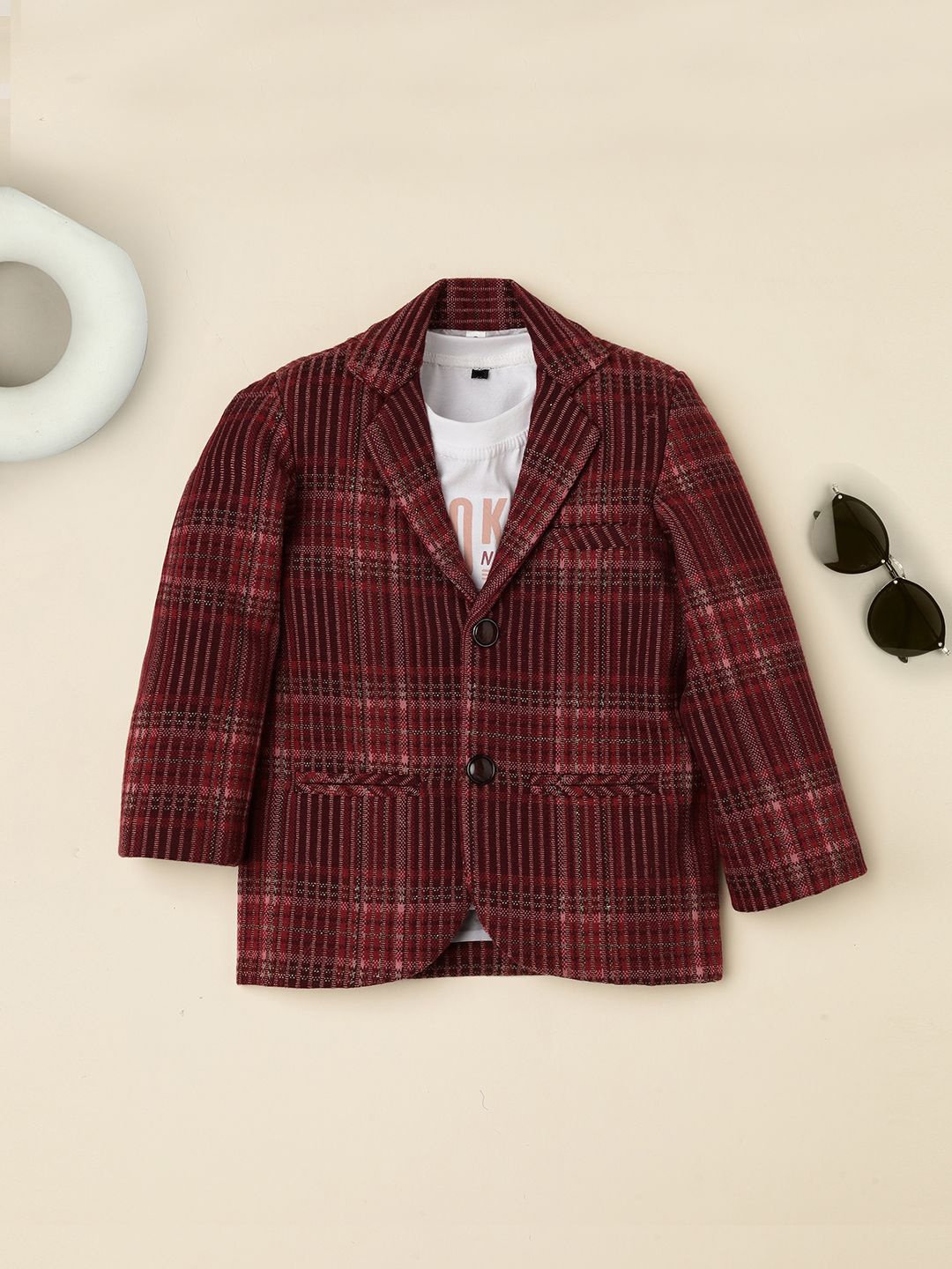 

Ridokidz Boys Checked Tailored-Fit Notched Lapel Single Breasted Blazer, Maroon