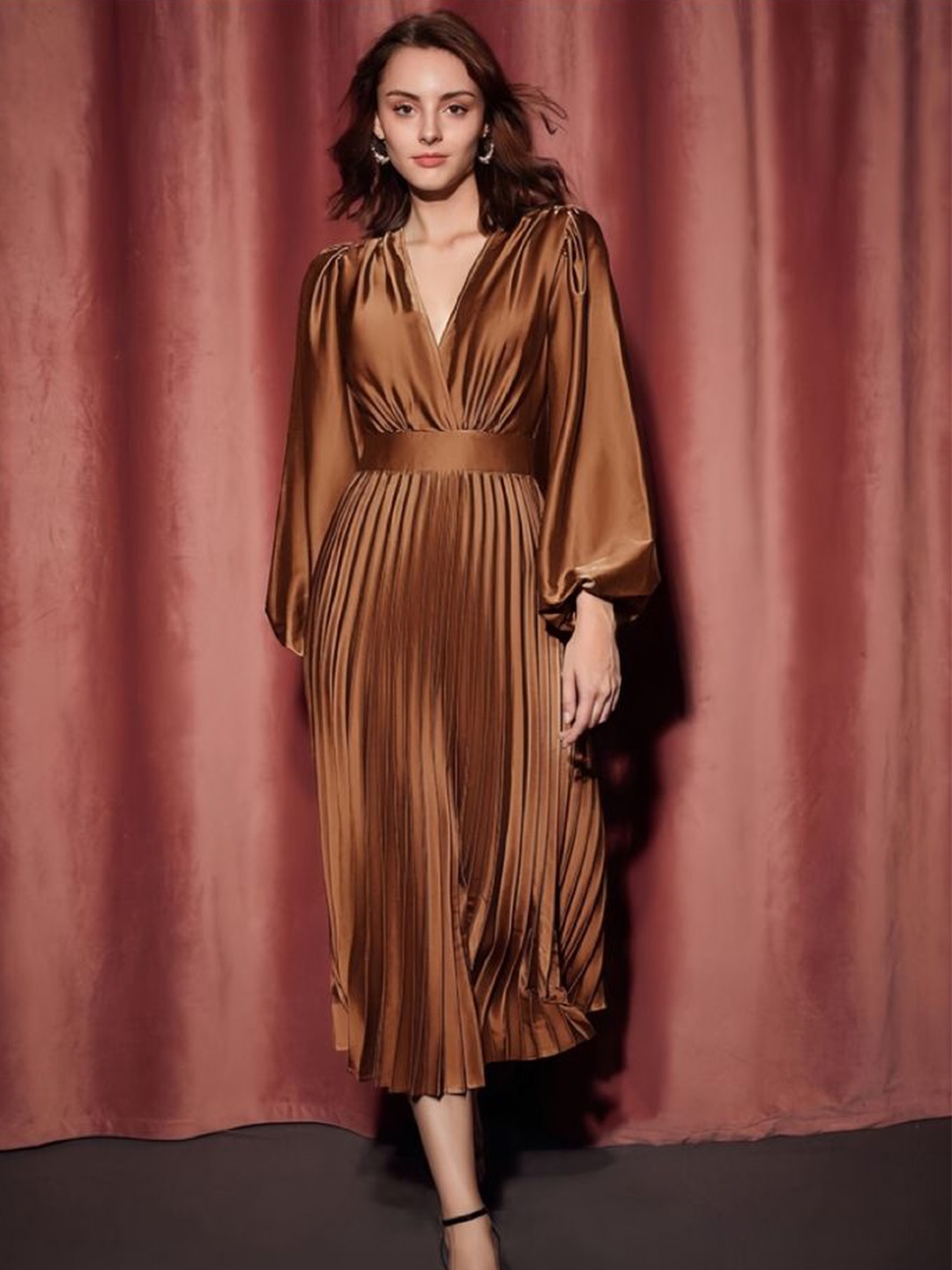 

LULU & SKY Flared Sleeve Fit & Flare Midi Dress, Brown
