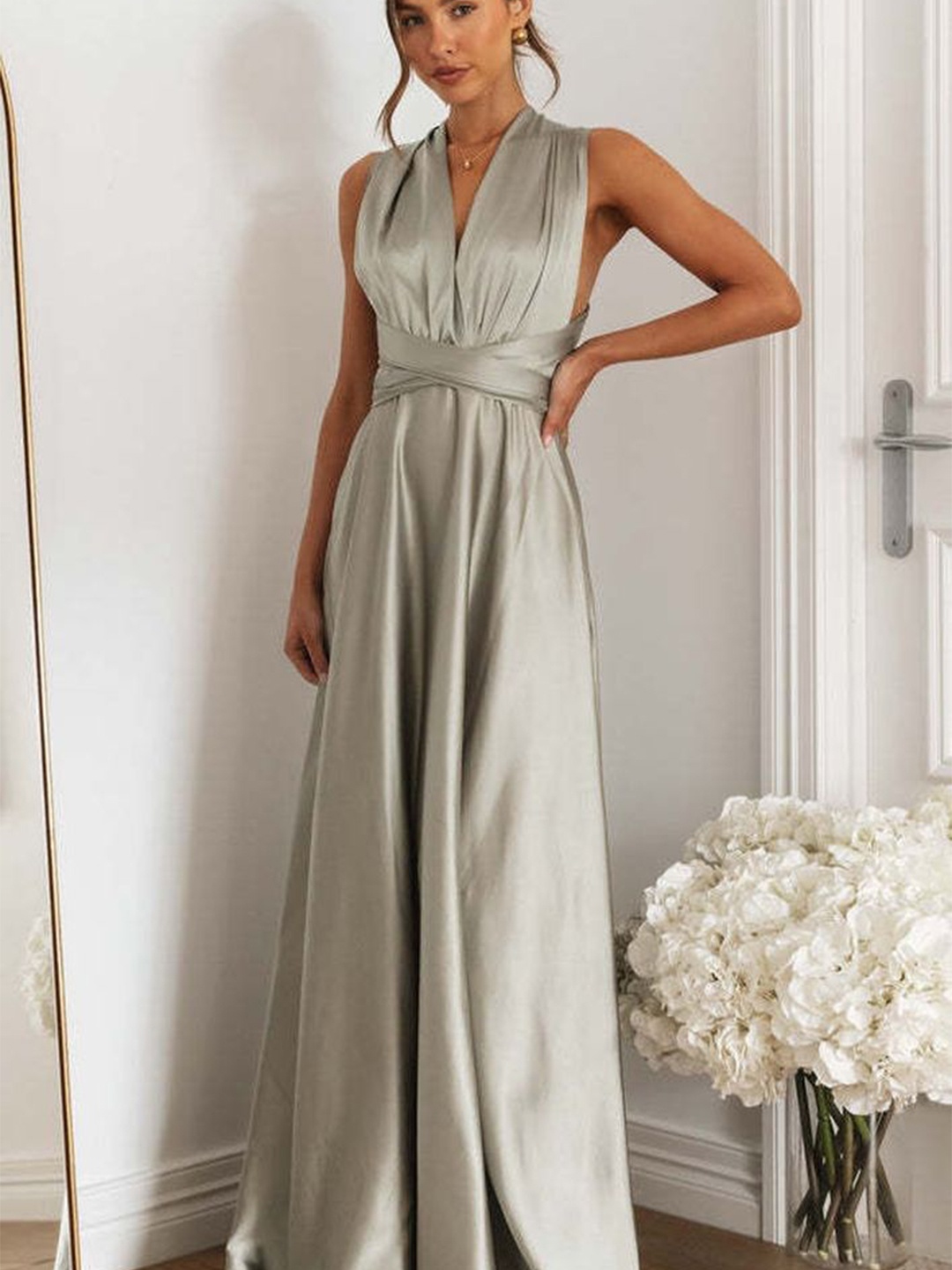 

LULU & SKY Halter Neck Sleeveless A-line Maxi Dress, Grey