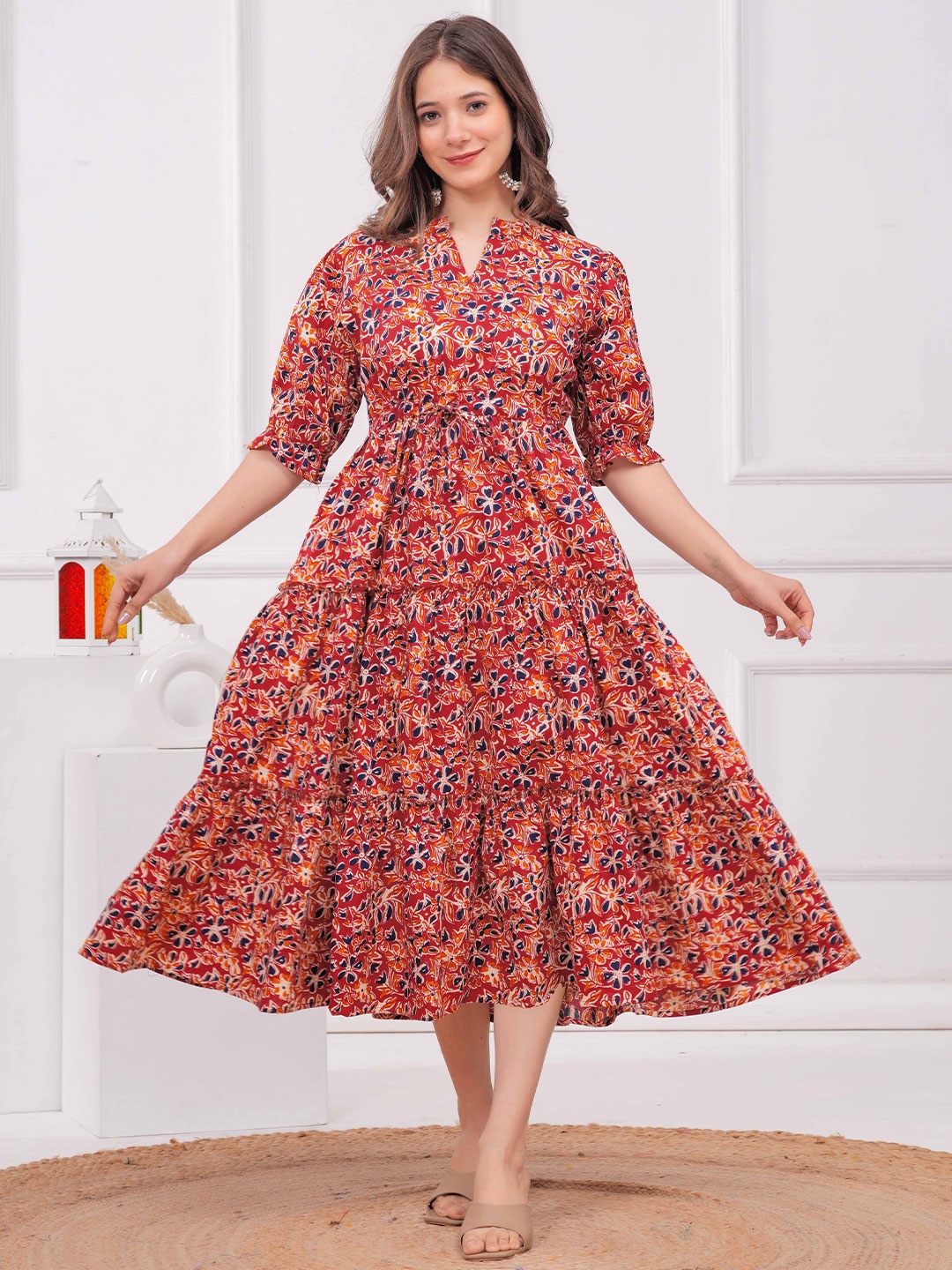 

MF ERA Women Floral Fit And Flare Pure Cotton Ethnic Dresses, Red