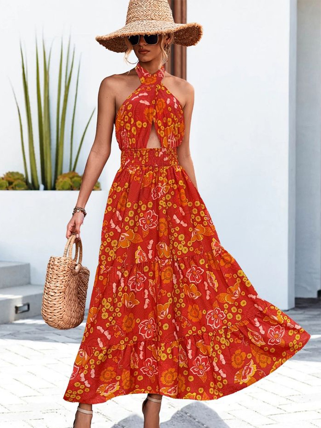 

LULU & SKY Floral Printed Halter Neck Maxi Dress, Red