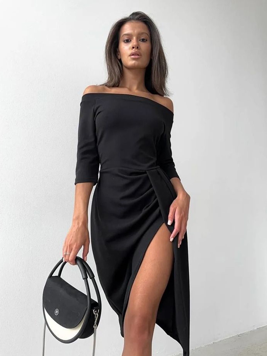 

LULU & SKY Women Off-Shoulder Fit & Flare Midi Dress, Black
