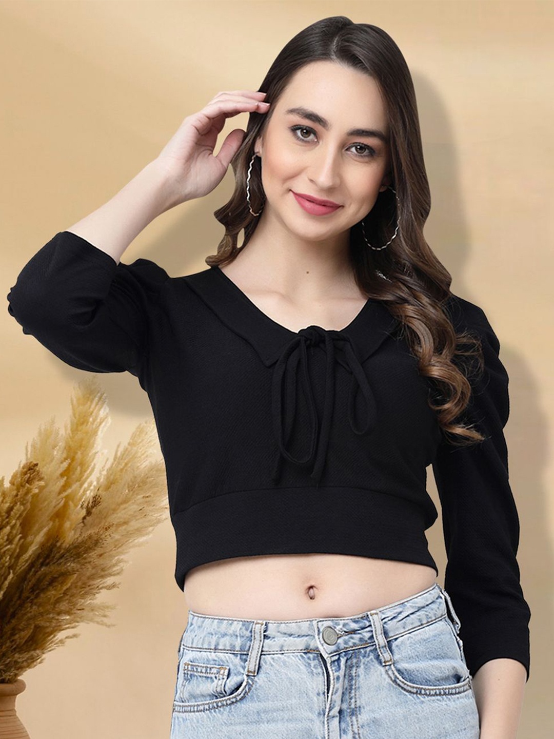 

MISS AYSE Women Round Neck Tie-Ups Crop Top, Black