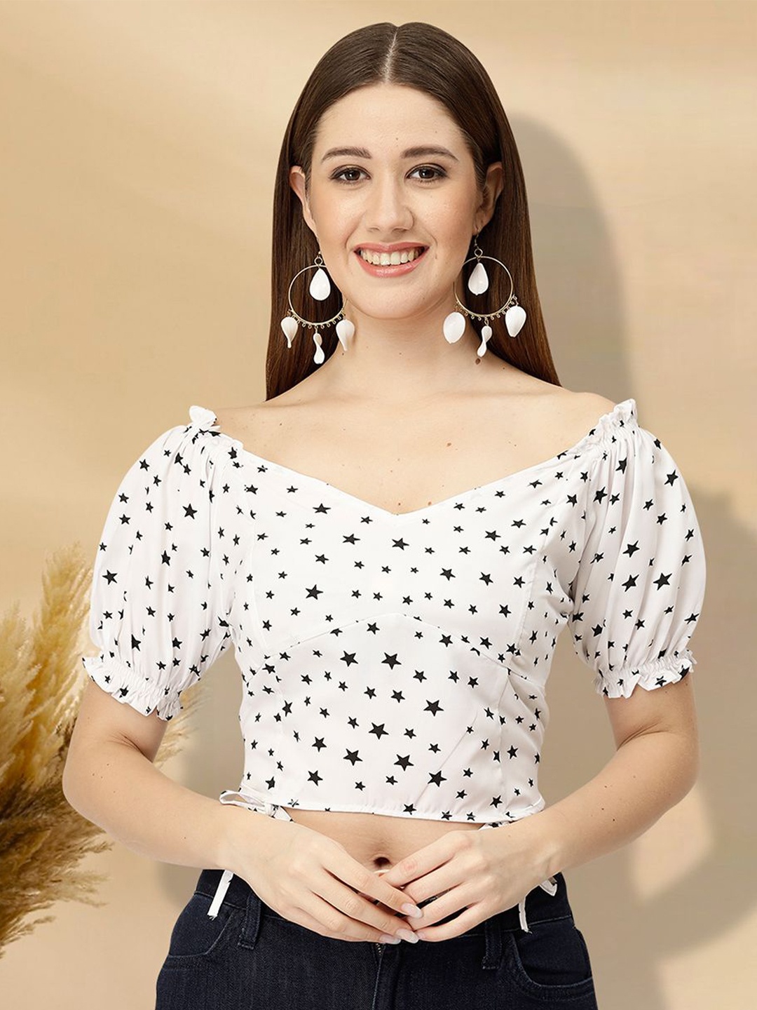 

MISS AYSE Printed Bardot Crop Top, Multi