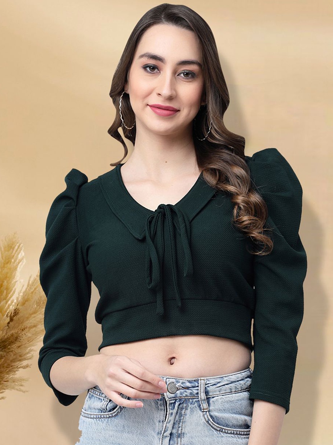 

MISS AYSE Women Round Neck Puff Sleeves Crop Top, Green
