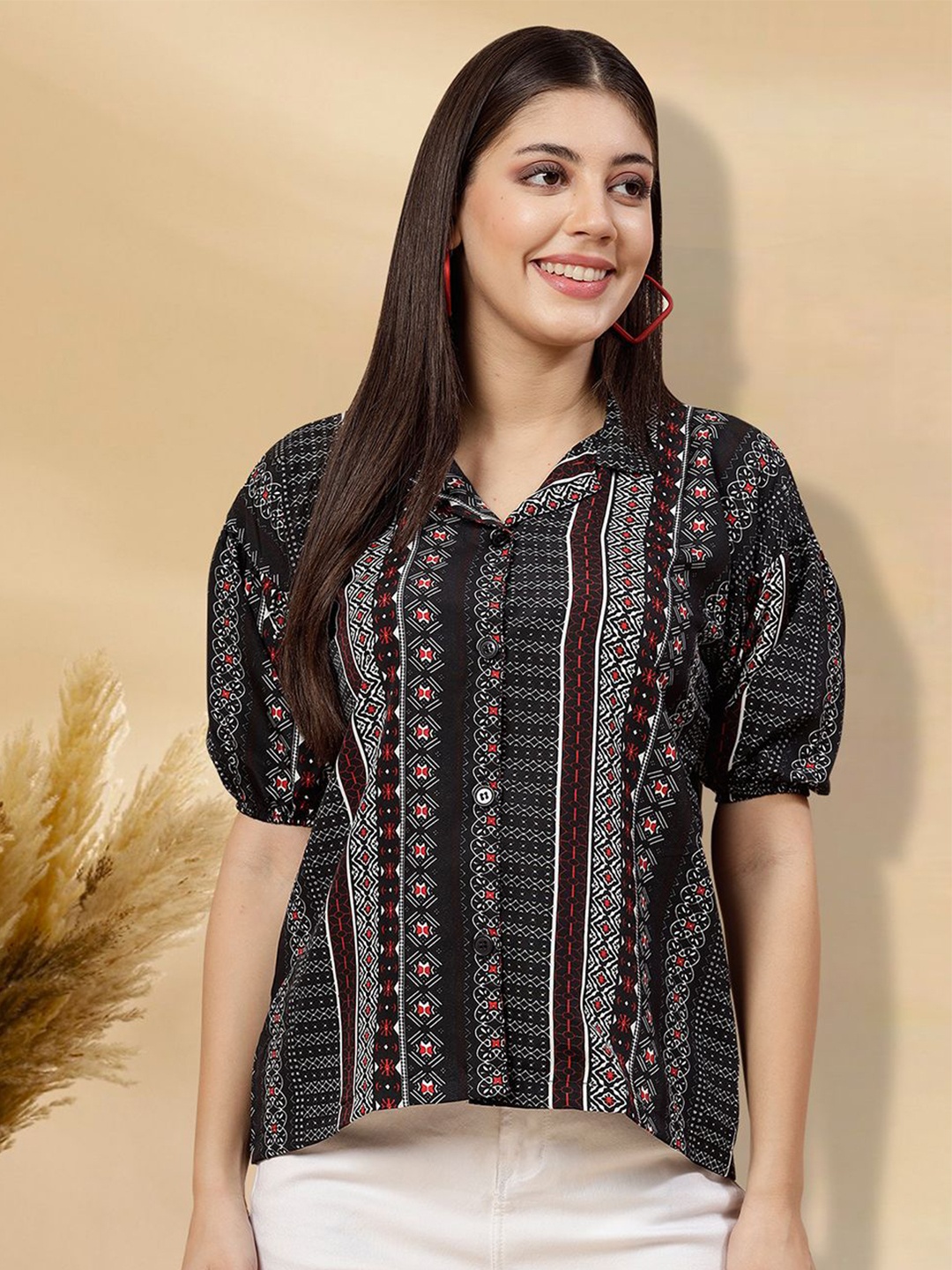 

MISS AYSE Printed Shirt Style Top, Black